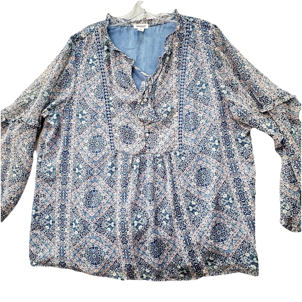 Westport Blue Womens Plus Size 1X Feminine Boho Festival Peasant Top Lined LS